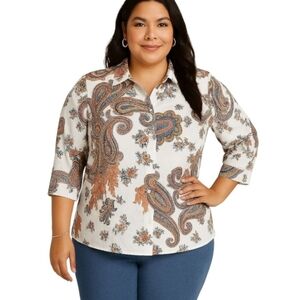 Chico's Paisley Button Down Shirt - Blue, Brown, Cream